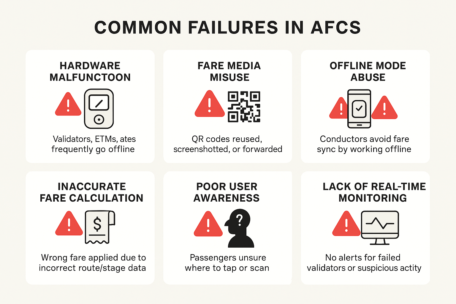 Common failures in AFCS: hardware malfunction, fare media misuse, offline mode abuse, inaccurate fare calculation, poor user awareness, lack of real-time monitoring