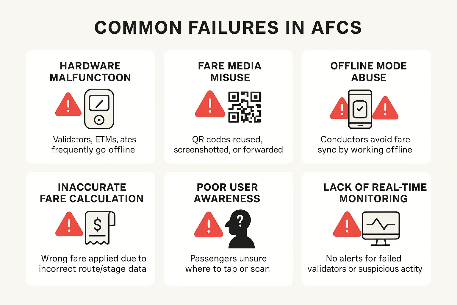 Common failures in AFCS: hardware malfunction, fare media misuse, offline mode abuse, inaccurate fare calculation, poor user awareness, lack of real-time monitoring