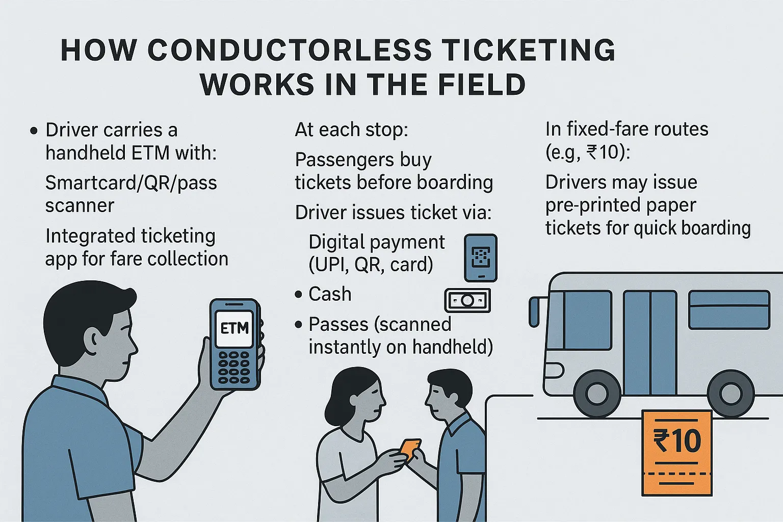 Conductorless ticketing field illustration: driver with ETM, passengers, bus