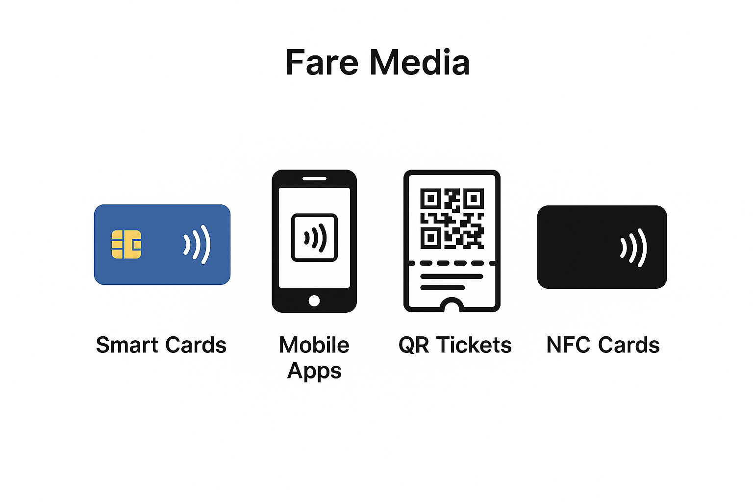 Fare media types: Smart Cards, Mobile Apps, QR Tickets, NFC Cards