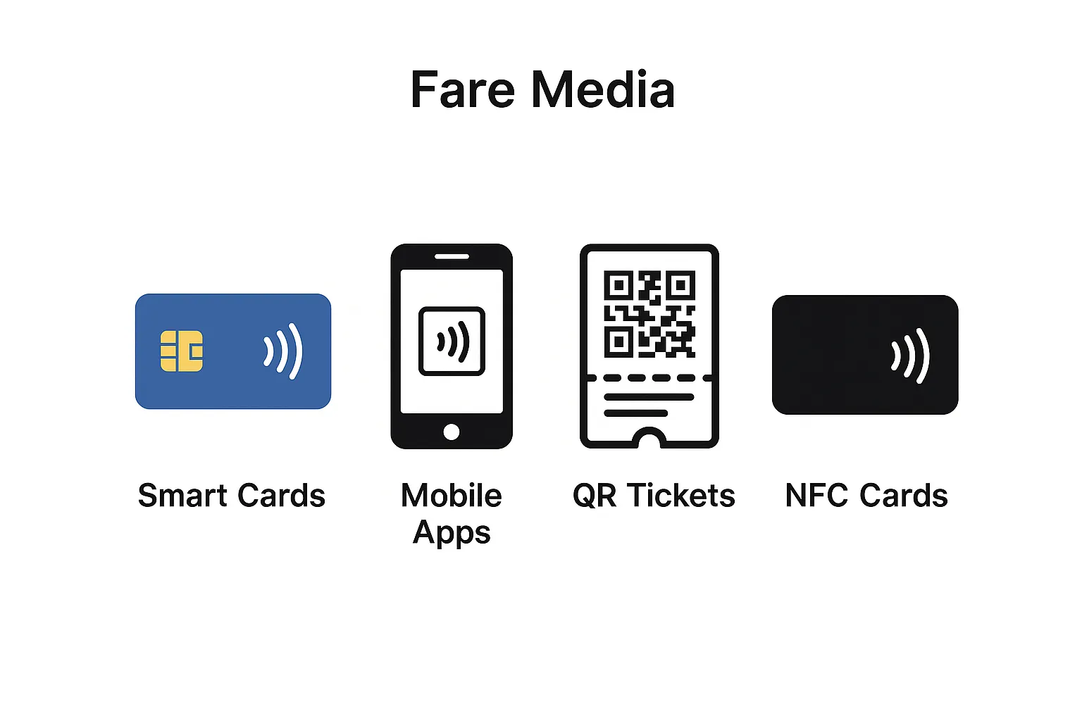Fare media types: Smart Cards, Mobile Apps, QR Tickets, NFC Cards