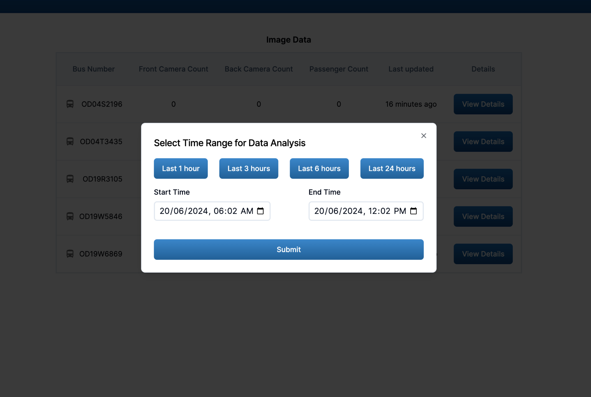 APCS live dashboard — fleet view showing front count, back count and total per bus
