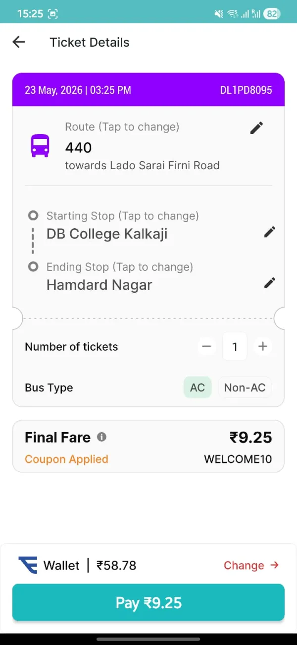 Bus ticket — Route 440, DB College Kalkaji to Hamdard Nagar, ₹9.25