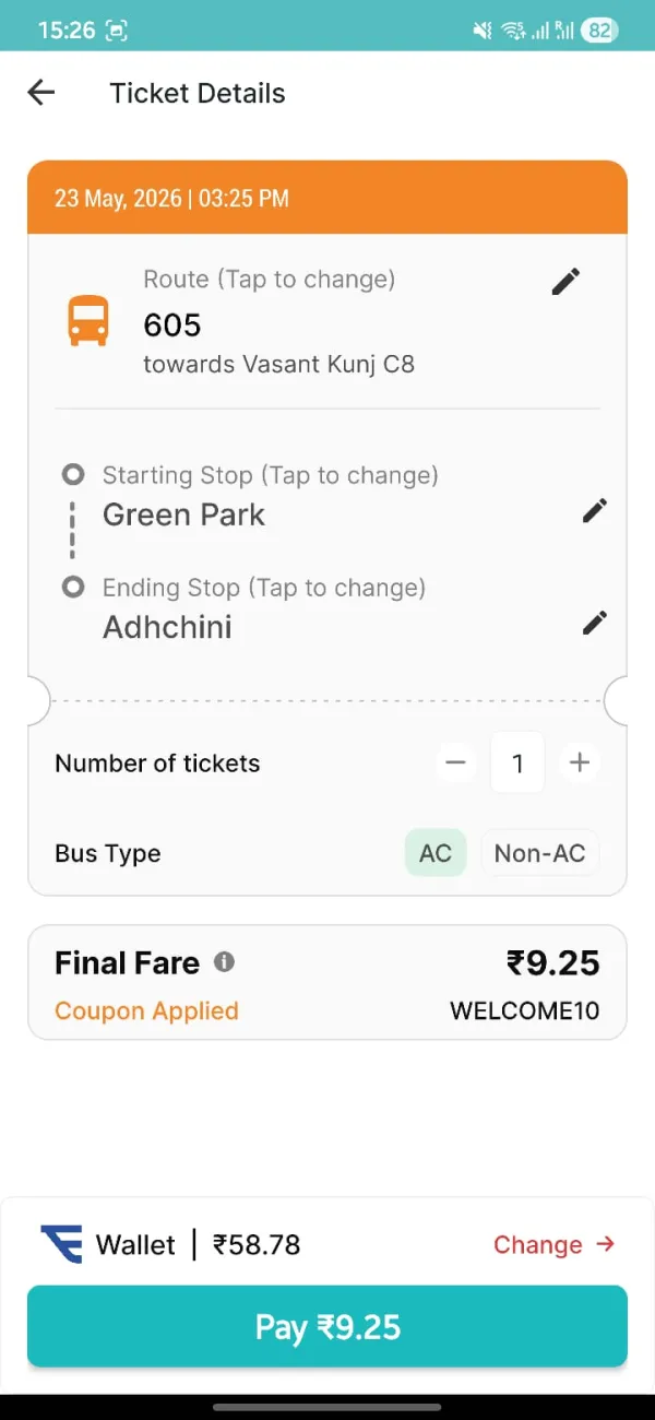 Chartr app — Bus Route 605, Green Park to Adhchini, ₹9.25 with coupon