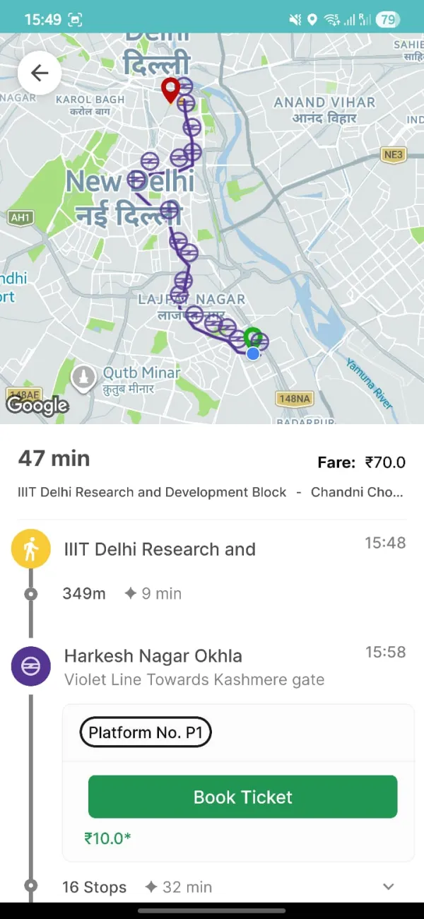 Journey detail — 47 min route on Delhi map, Harkesh Nagar Okhla metro, Book Ticket button