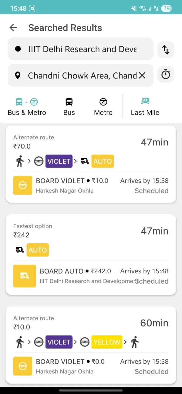 Chartr app — multimodal journey results with Bus & Metro, Last Mile options