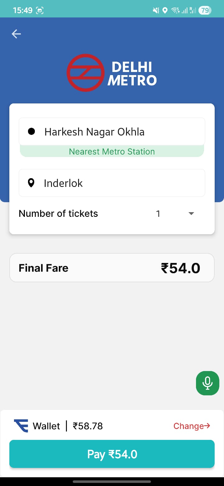 Chartr app — Delhi Metro ticket, Harkesh Nagar Okhla to Inderlok, ₹54