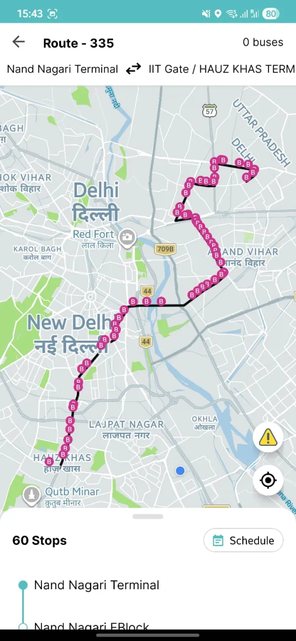 Route 335 map — full route plotted on Delhi map from Nand Nagari Terminal to IIT Gate