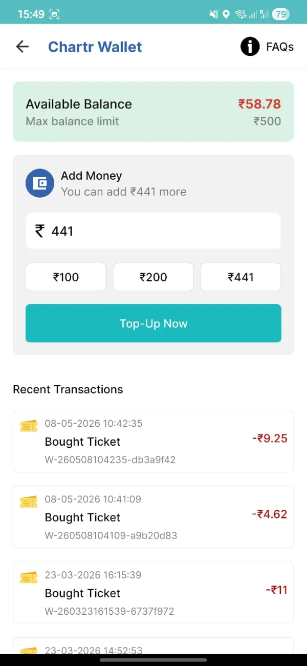Chartr Wallet — ₹58.78 available, Add Money section, recent ticket transactions