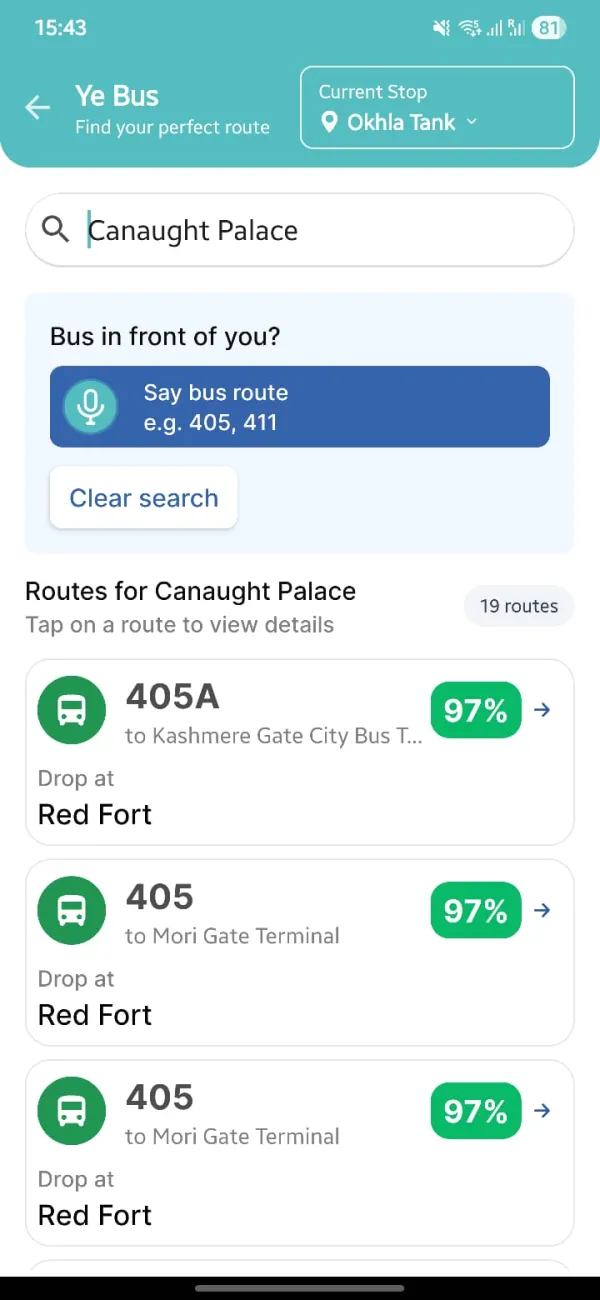 Ye Bus — search Canaught Palace from Okhla Tank, shows routes 405A and 405 with 97% match