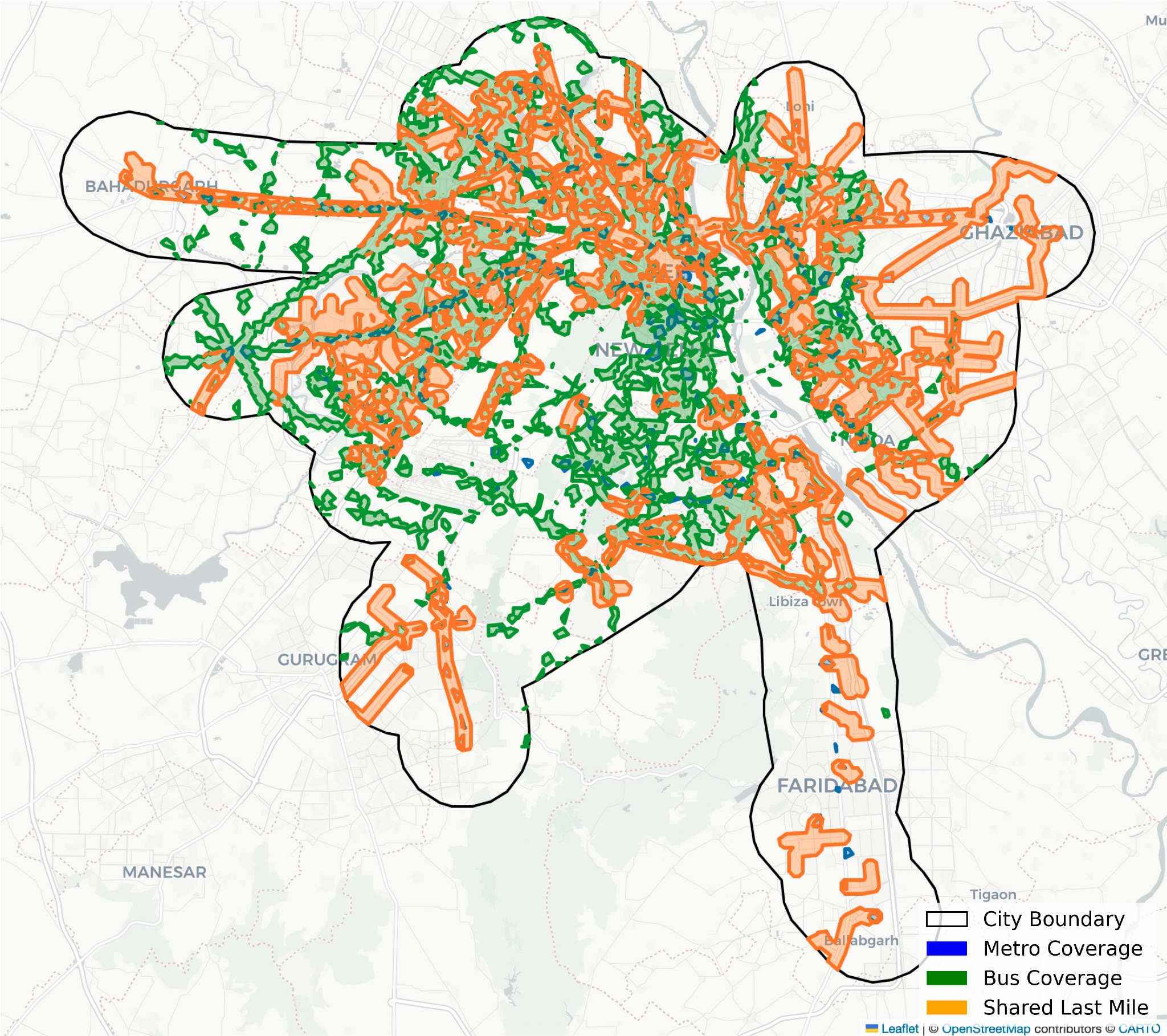 Delhi Bus + Metro + Last-Mile Coverage Map