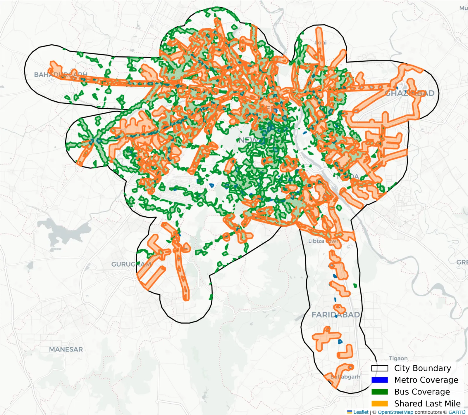 Delhi Bus + Metro + Last-Mile Coverage Map