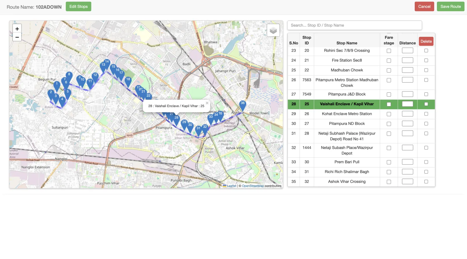 Route editor for 102ADOWN — map with numbered stops and editable stop list