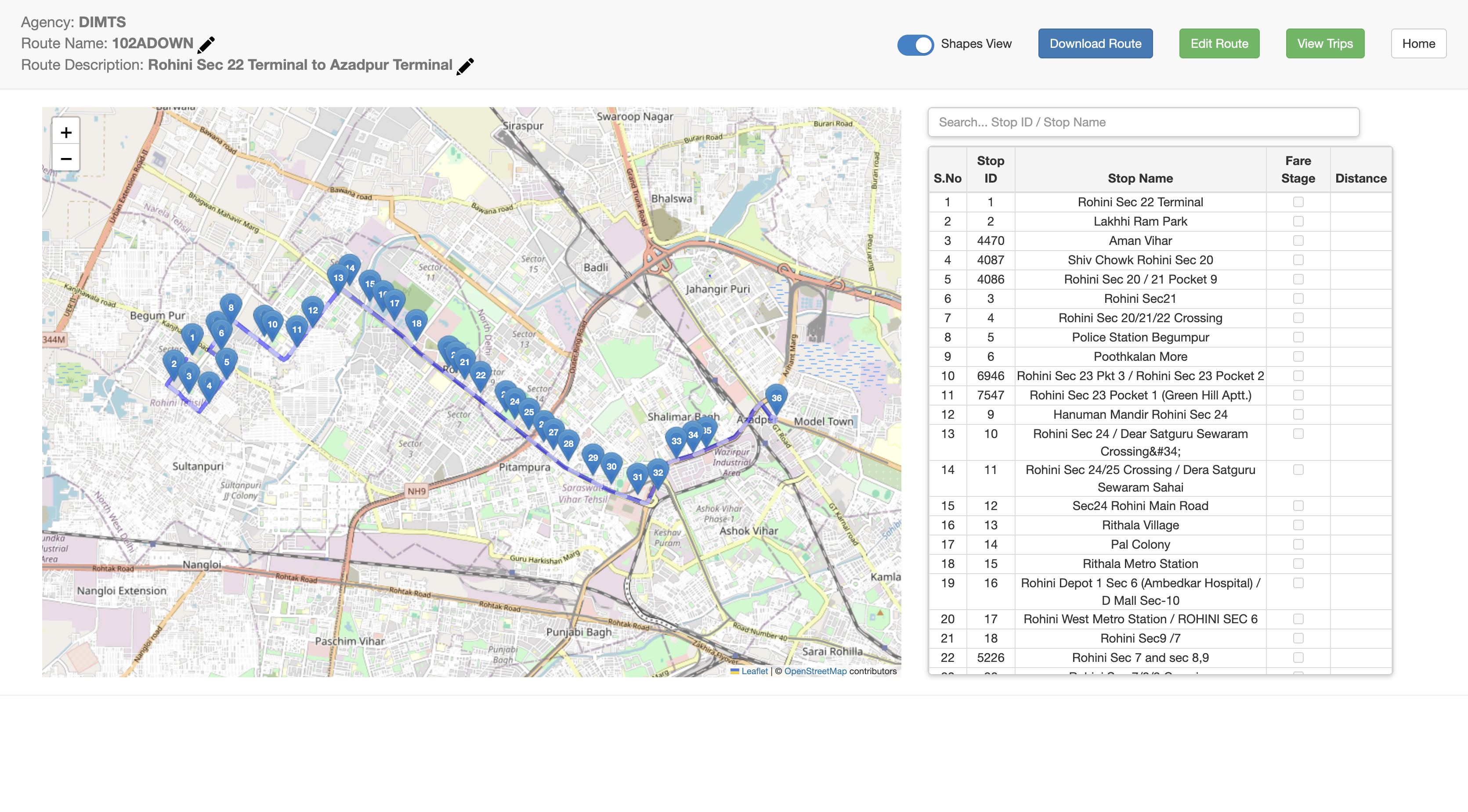 Route 102ADOWN view — Rohini Sec 22 to Azadpur Terminal with all stops on map