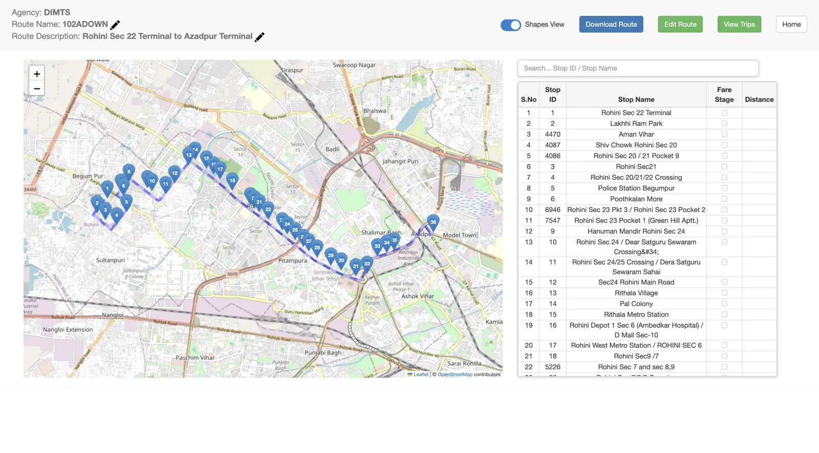 Route 102ADOWN view — Rohini Sec 22 to Azadpur Terminal with all stops on map