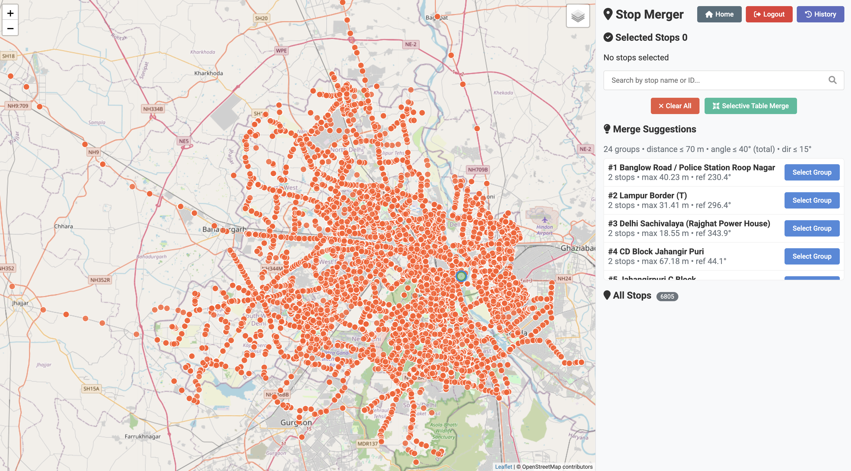 Stop merger tool — Delhi map with 6,805 stops and AI merge suggestions panel