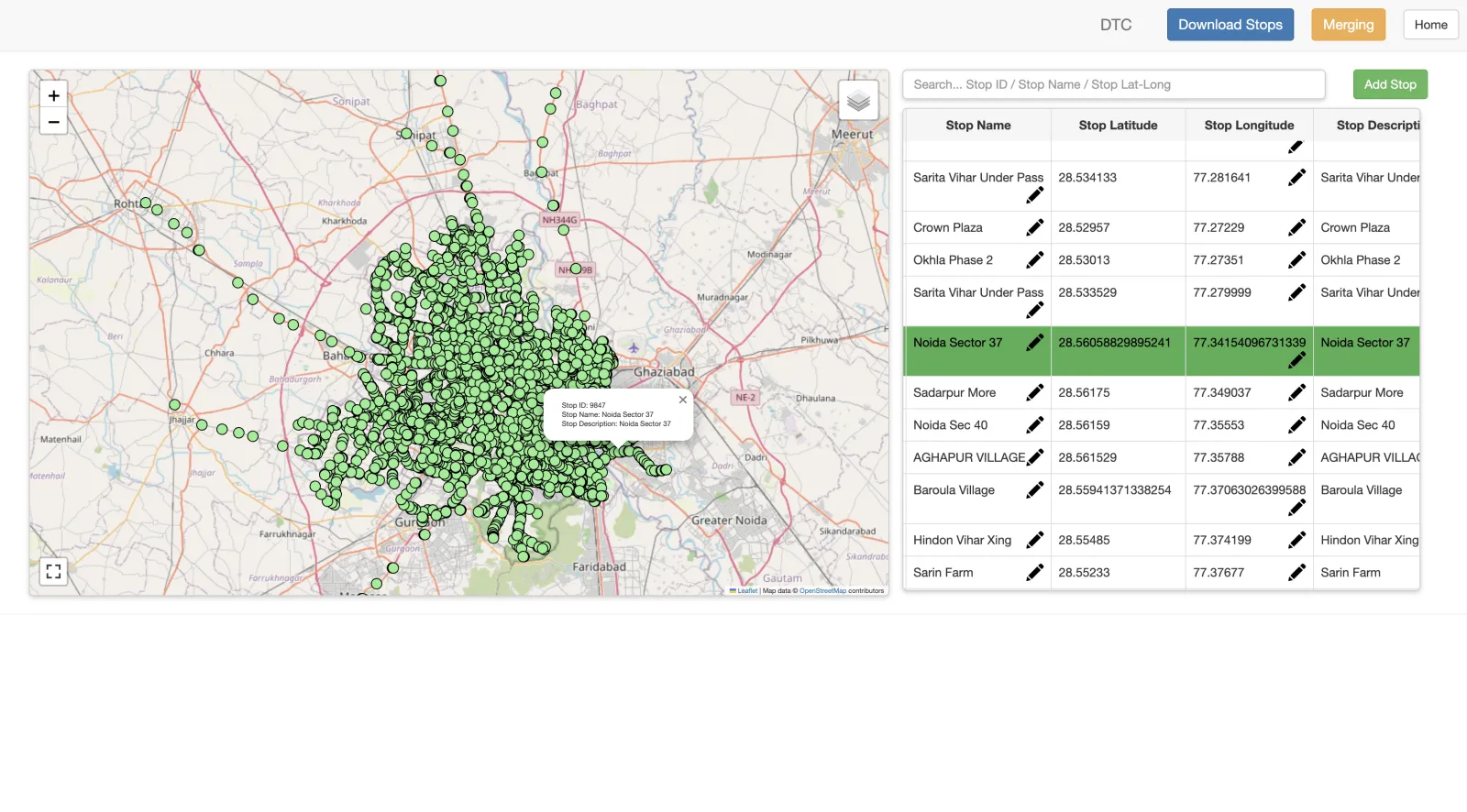 Delhi GTFS stop map — all 6,800+ bus stops plotted on an interactive map