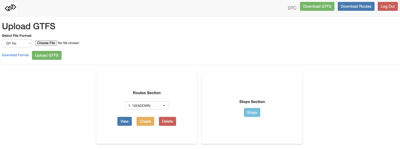 GTFS upload interface — select file format, upload ZIP, manage routes and stops sections