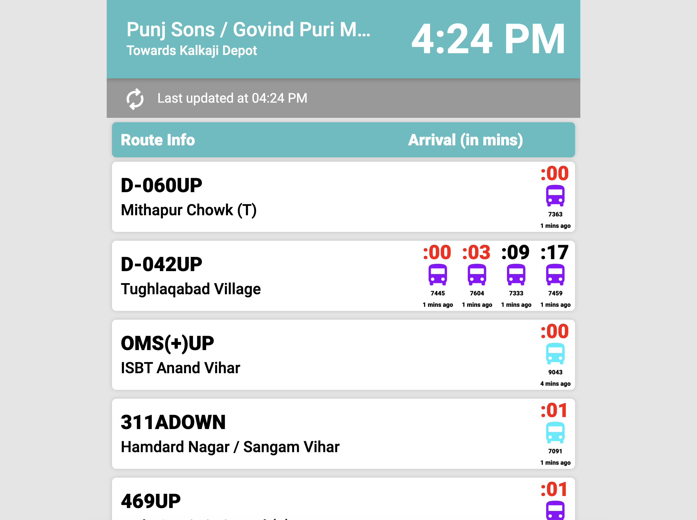 PIS screen at bus stop — showing live bus arrivals at Punj Sons / Govind Puri