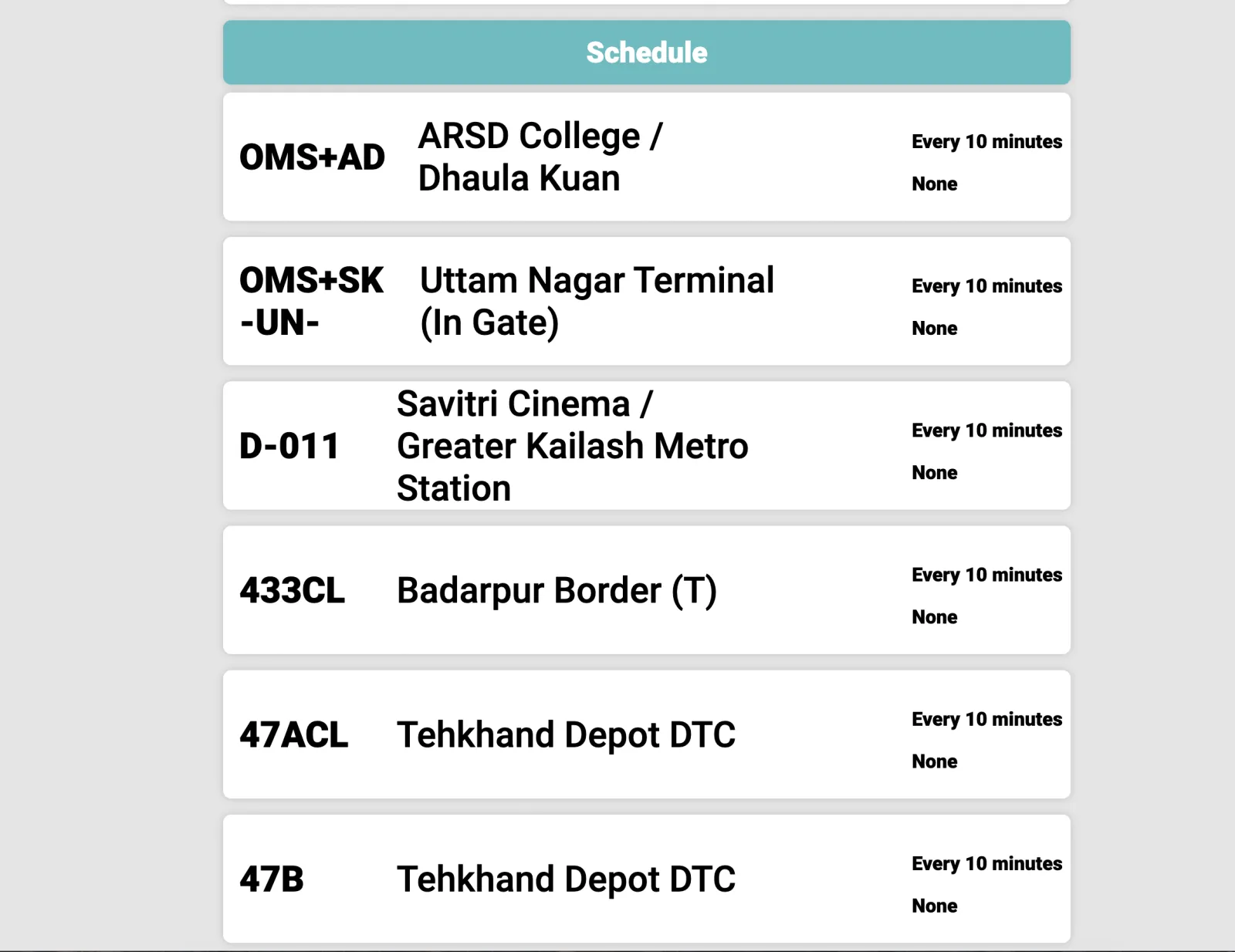 PIS schedule board — OMS+AD to ARSD College/Dhaula Kuan every 10 mins, OMS+SK-UN- to Uttam Nagar Terminal, D-011 to Savitri Cinema