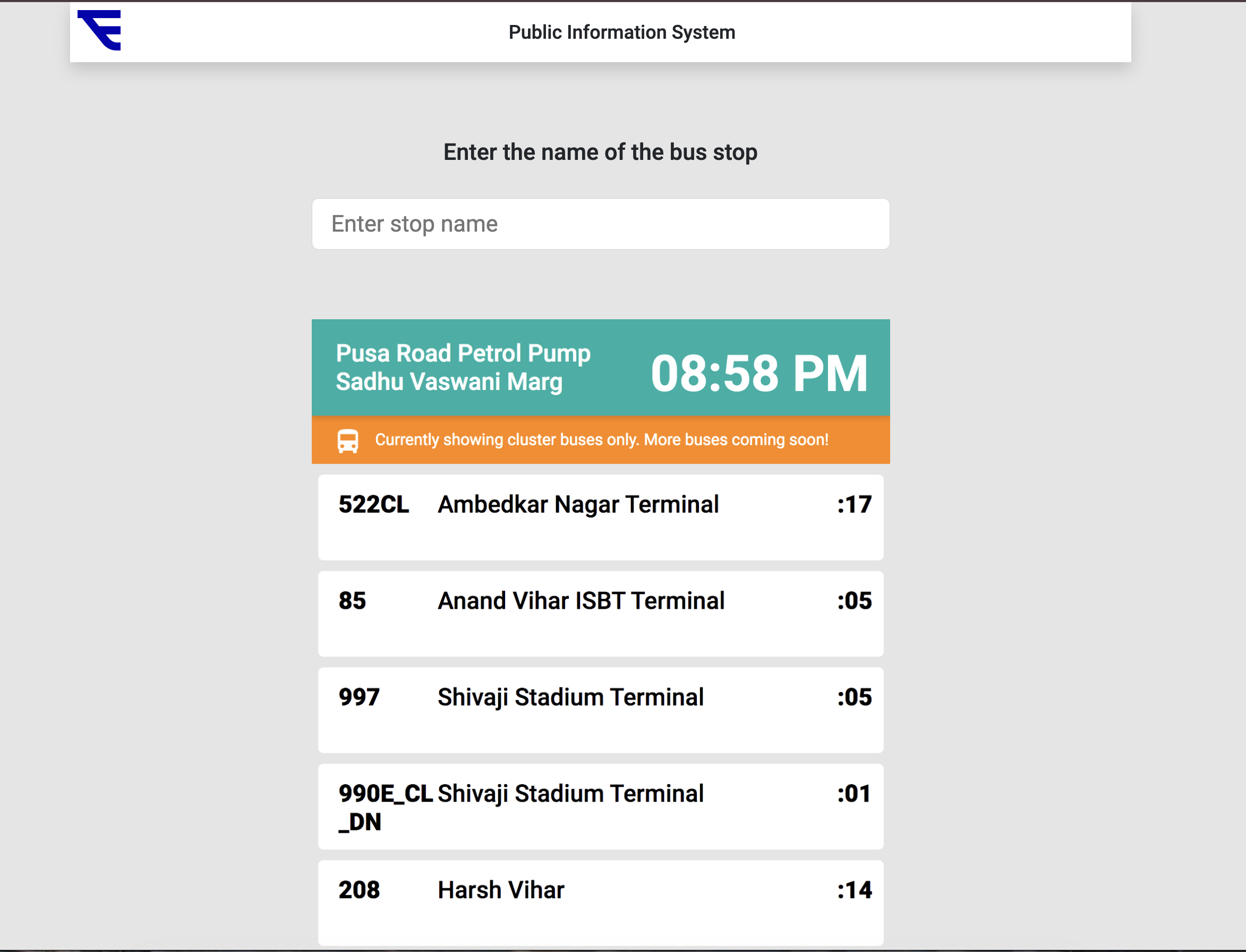PIS web interface — search Pusa Road Petrol Pump stop, showing 522CL, 85, 997 with arrival times