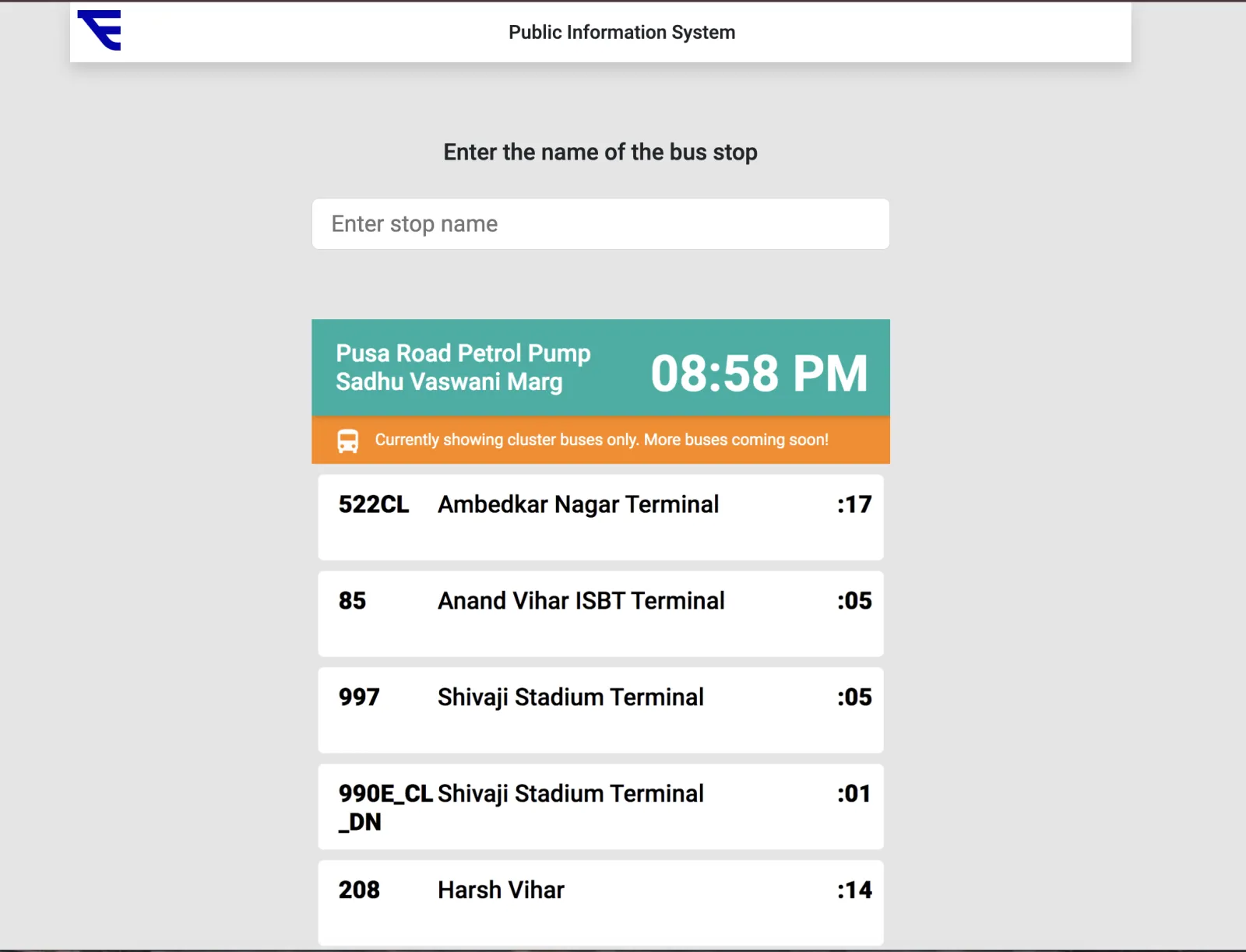 PIS web interface — search Pusa Road Petrol Pump stop, showing 522CL, 85, 997 with arrival times