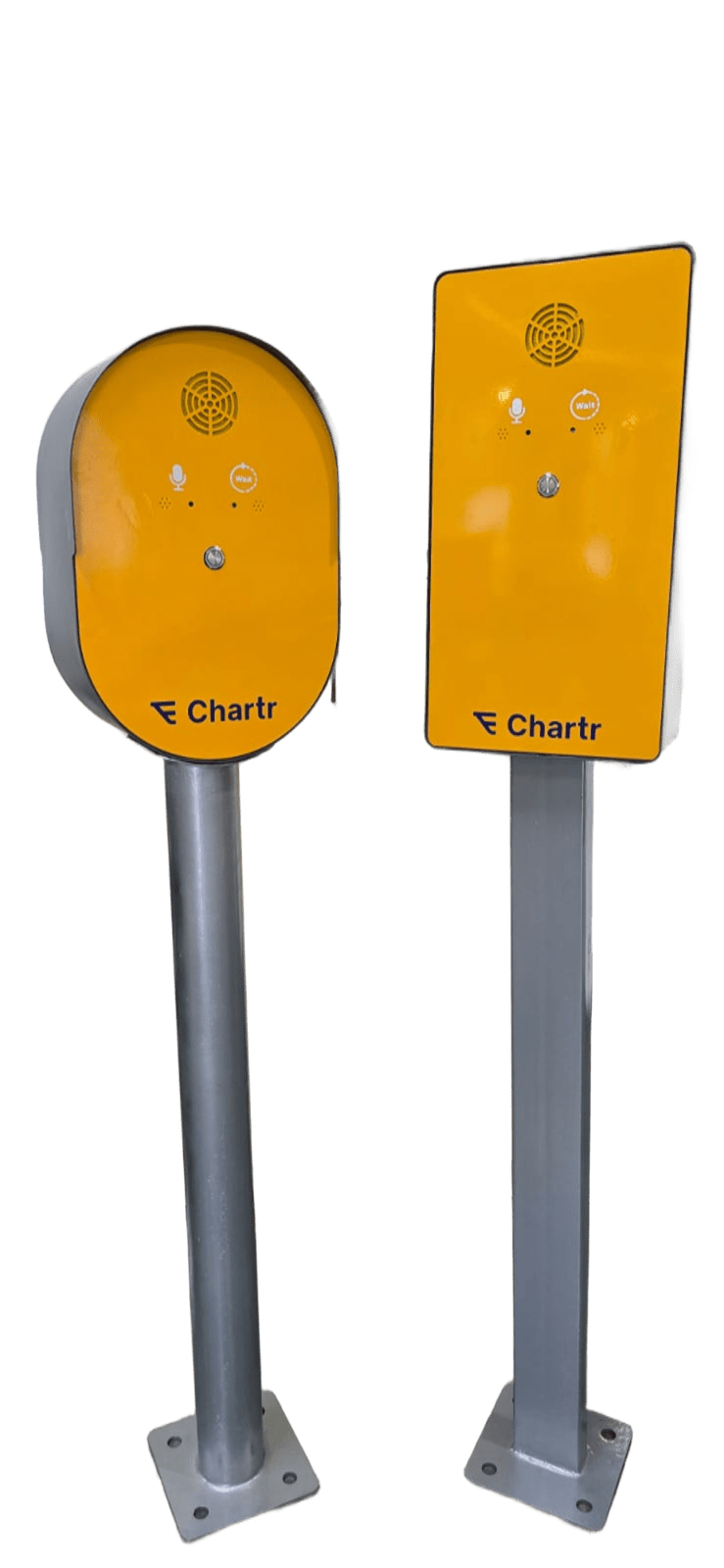 Talking Box — oval and rectangular form factors, Chartr yellow kiosk on pole