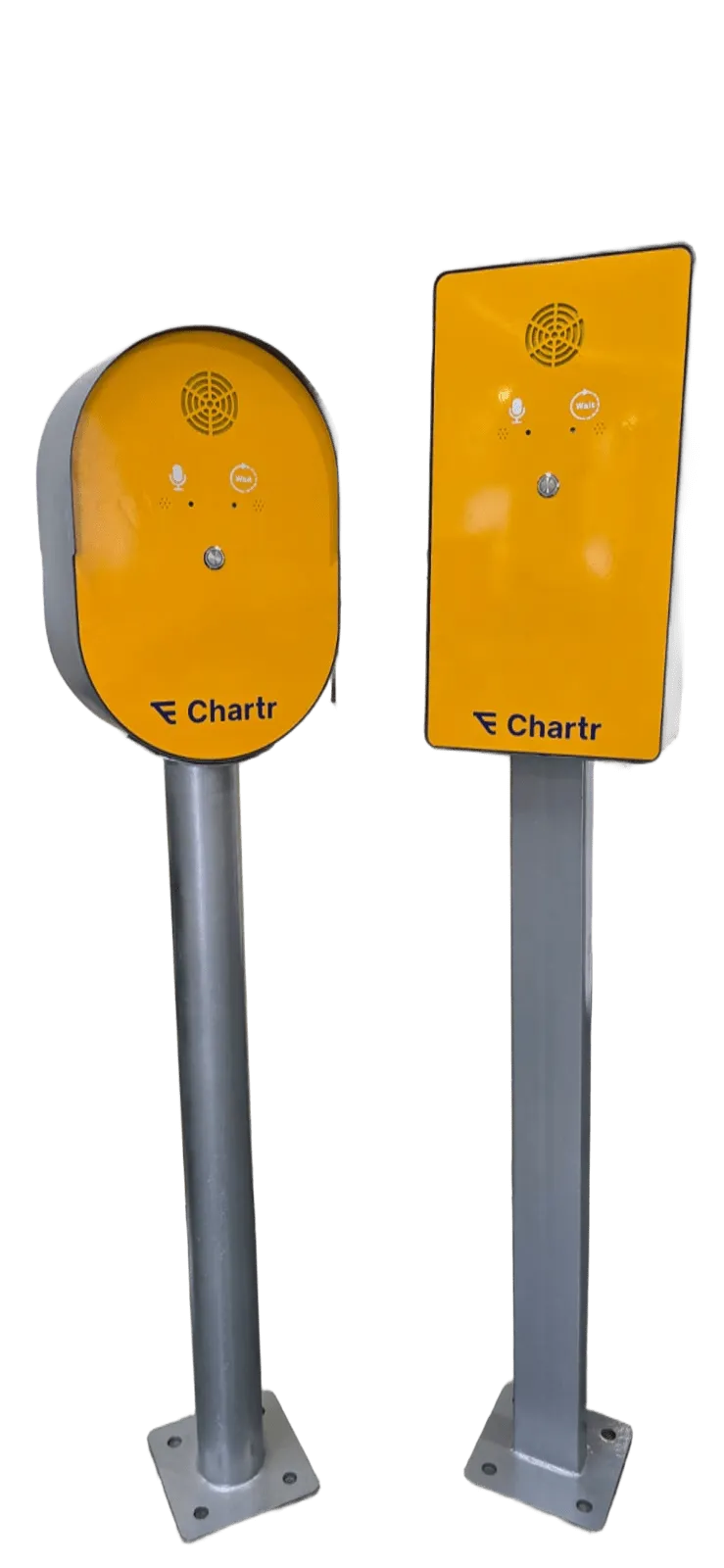 Talking Box — oval and rectangular form factors, Chartr yellow kiosk on pole