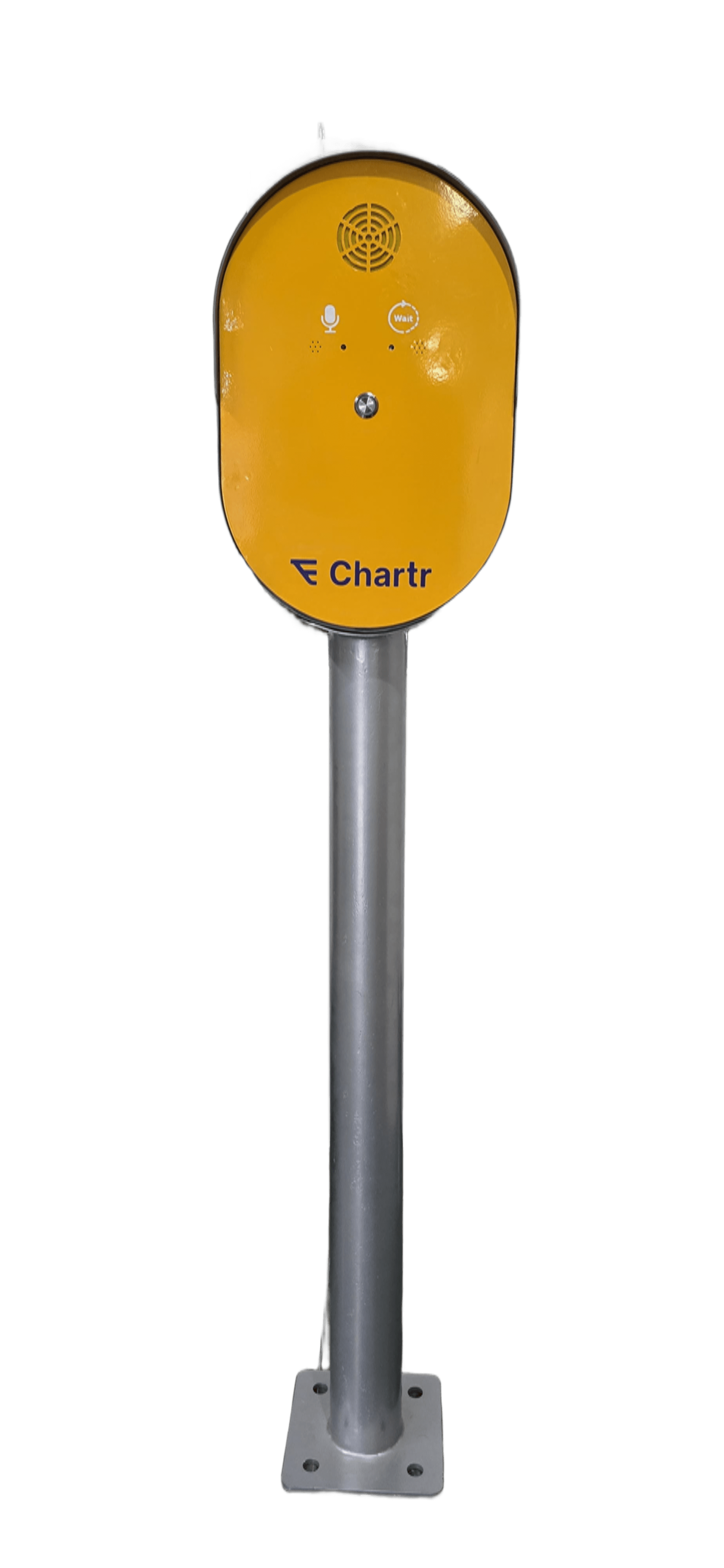 Talking Box oval form factor — rounded yellow unit on pole