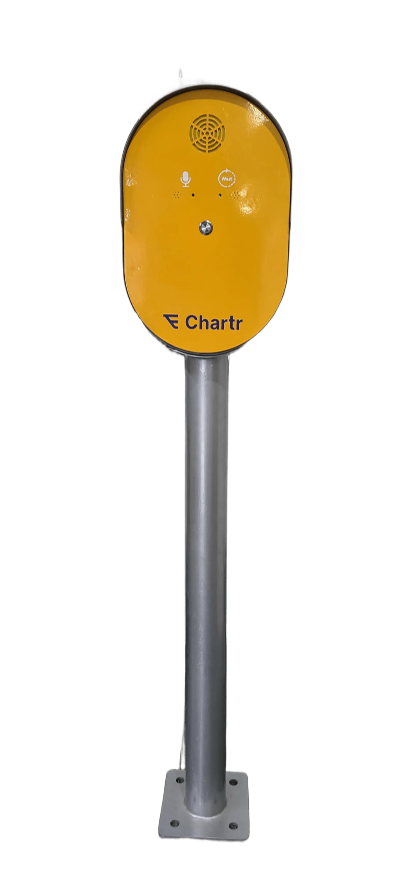 Talking Box oval form factor — rounded yellow unit on pole