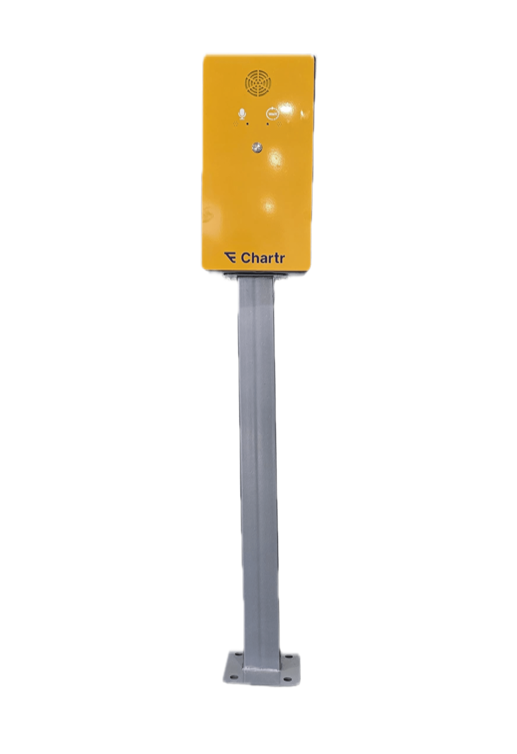 Talking Box rectangular form factor — square yellow unit on angled pole