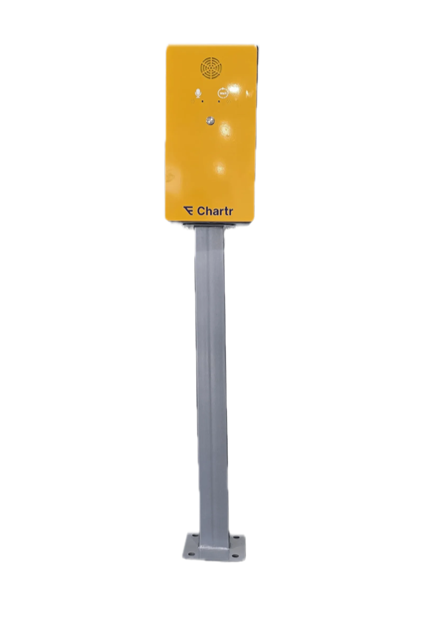 Talking Box rectangular form factor — square yellow unit on angled pole